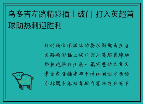 乌多吉左路精彩插上破门 打入英超首球助热刺迎胜利
