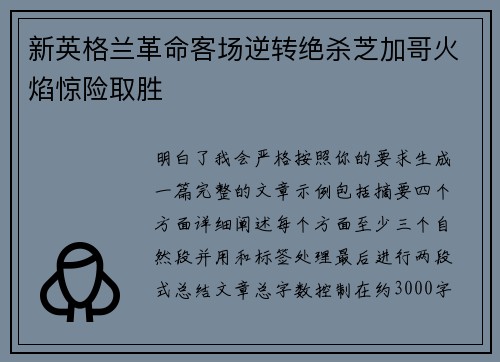 新英格兰革命客场逆转绝杀芝加哥火焰惊险取胜 新英格兰革命客场逆转绝杀芝加哥火焰惊险取胜